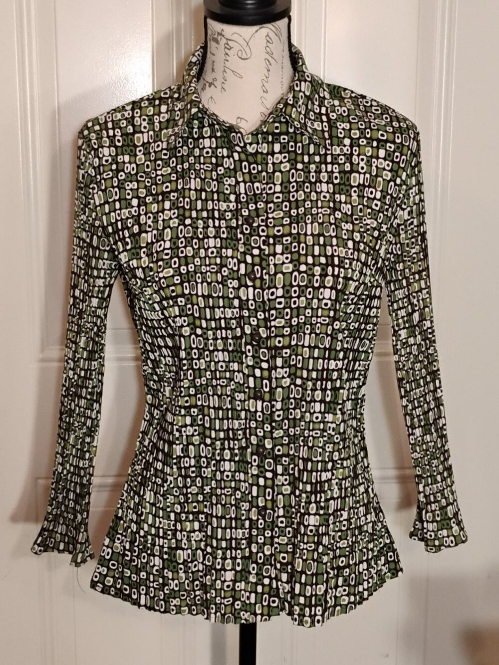 Fred David Stretch Blouse Women Size Small Color Green, Black & White
